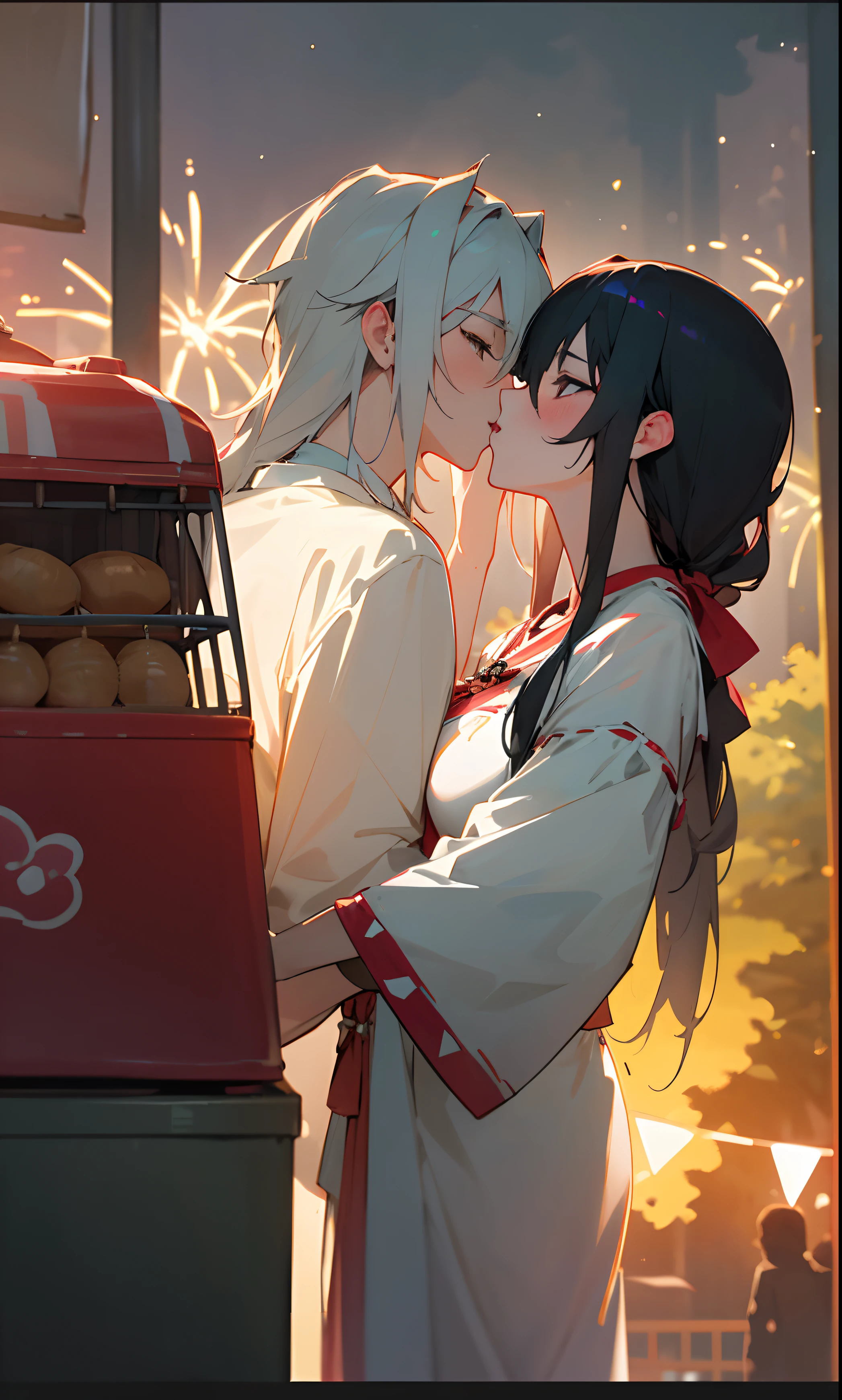 Good looking Anime couple's kissing in a festival have a pet with traditional attire antient Shrine ,Trees ,street food venders with fireworks make it look best realistic like anime and use sophisticated colour make it look vivid ,HDR realistic, hyper quality, ultra hd , no distorting , vibrant