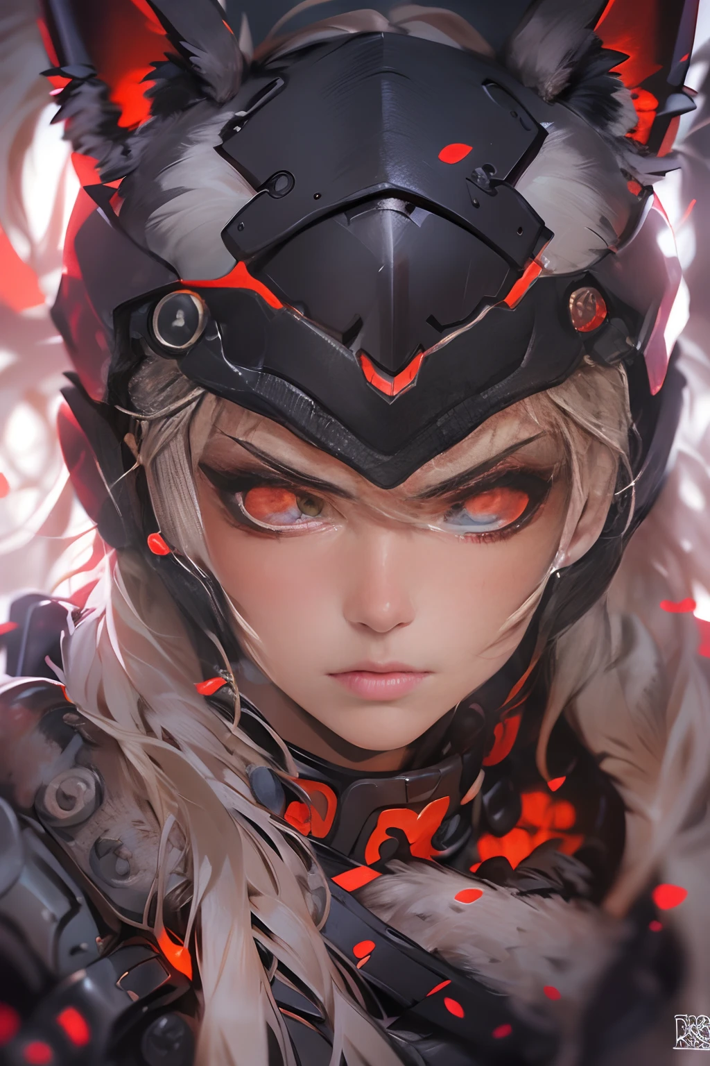 (masterpiece), (best quality), realistic, photorealism, 1girl, beautiful girl, perfect face, perfect body, sexy, close-up portrait, (red glowing eyes), girl with fox ears, angry, armor, cinematic light