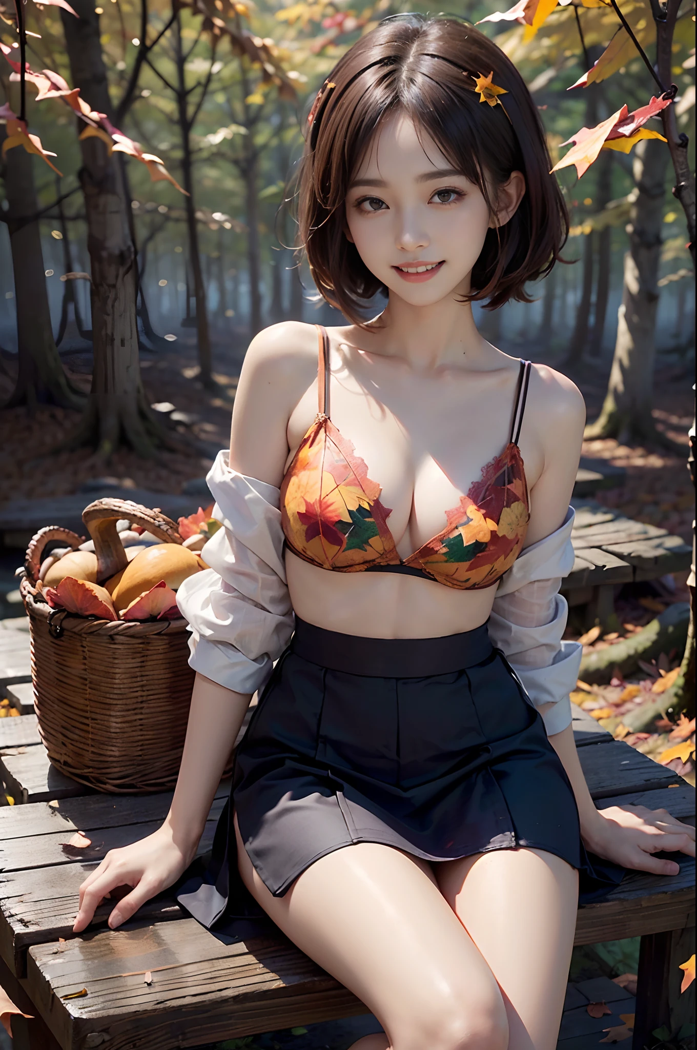 (8K、top-quality、超A high resolution、masterpiece:1.2)、(Photorealsitic:1.4)、(detailed skins:1.3)、1人、Beautiful gravure model at the ageerfect Style、Beautiful Japan actress、large full breasts、A s(Lace shirt with open chest)、(Sexy mini skirt)、(ck pantyhose)、trekking b(Detail Eye) 、(grin:1.2)、(Forest of autumn leaves:1.4)、clear stream、(leaf fall:1.4)、Small matsutake mushrooappiness、Beautiful autumn、Elaborate CG 8K wallpapers、dynamicposes、beautiful lighting、profetional lighting、(foco nítido)、Basket with mushrooms、Mushroom picking