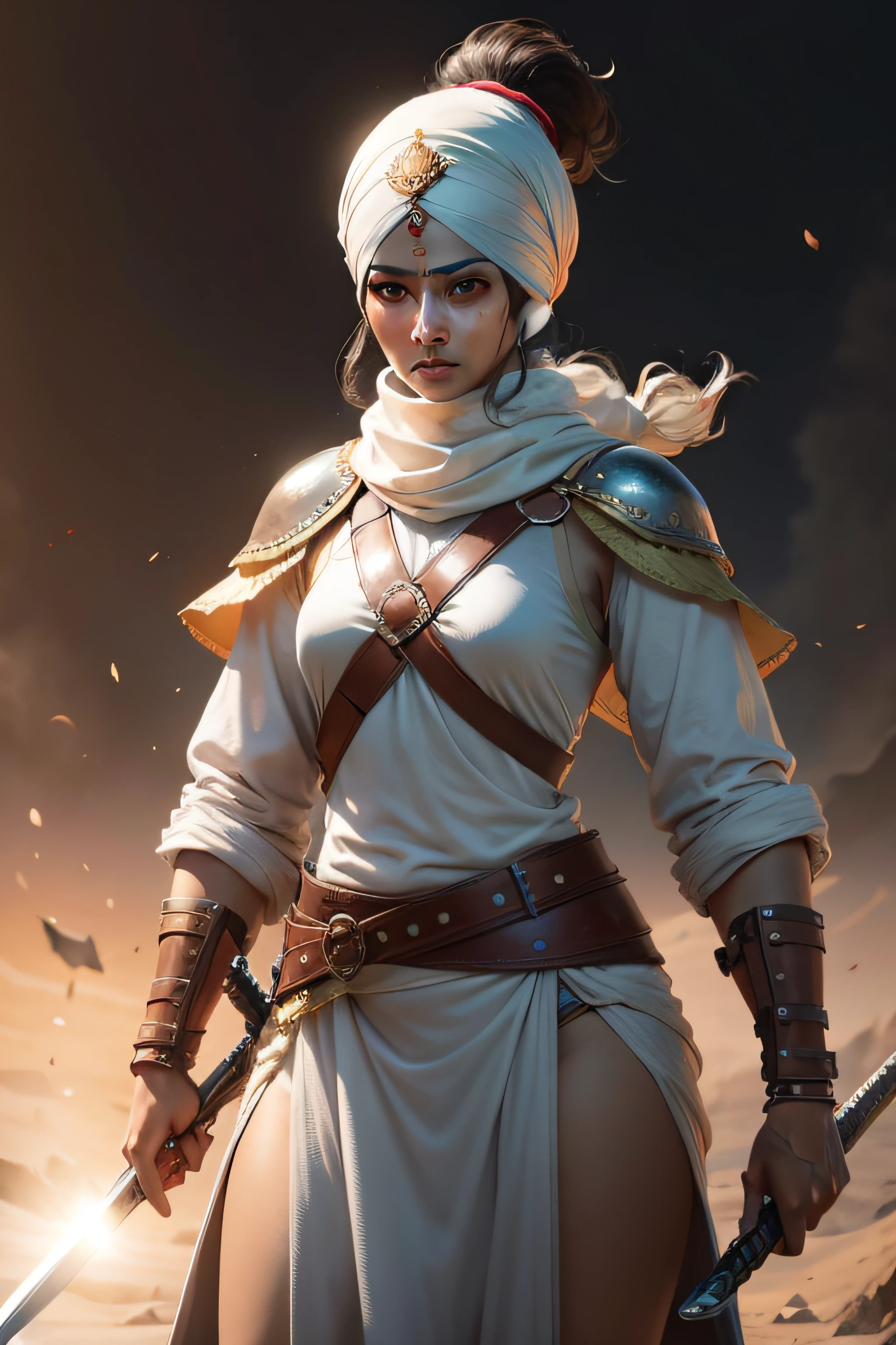 A sikh woman warrior in head to toe posture bravely coming towards the camera, holding a sword, looking towards camera calm expression on face.