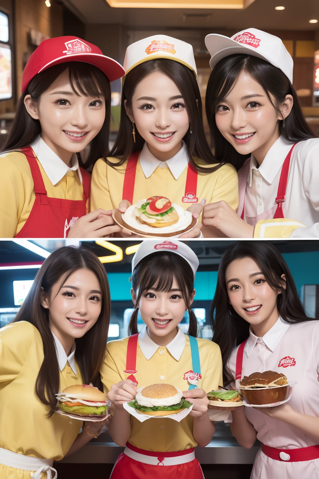 Outrageous resolution、hight resolution、(masterpiece:1.4)、ultra-detailliert、Crisp details、Dramatic and photorealistic pictorial art、Super Sentai Series、All dressed in fast food restaurant uniforms(shuicolor、Light Yellow、white colors、Beige、pink there、Fivesome)Everyone smiles、