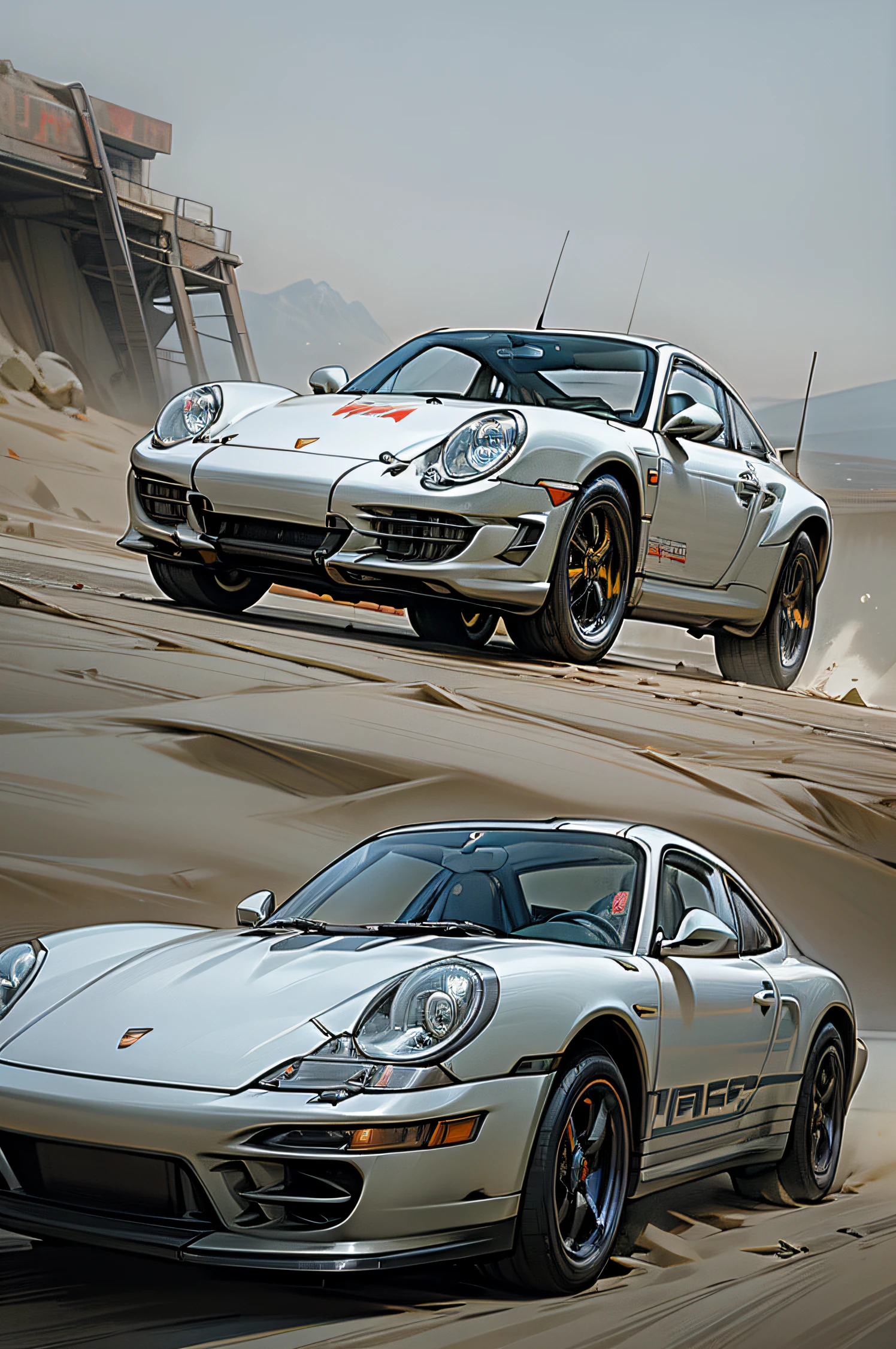 sportscar, porsche 911, cyberpunk, offroad, desert, heavy armor, weapons, absurdres, high res, ultrasharp, 8k, masterpiece