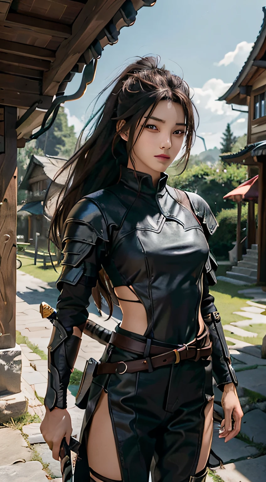 Yaso、League of Legends、yasuo_(lize_In the_legends)、1 juvenile、arma、Male Focus、The sword、facial hairs、独奏、a beard、scabbard、poneyTail、brown haired、ngel、length hair、arma、s Armor、Brown-eyed、outside of house、holds a sword、Knives、musculature、The tree、looking at the spectator、lifelike rendering、​masterpiece, top-quality, hightquality, hight resolution, Wearing black clothes、Show the thighs visible through the slit、