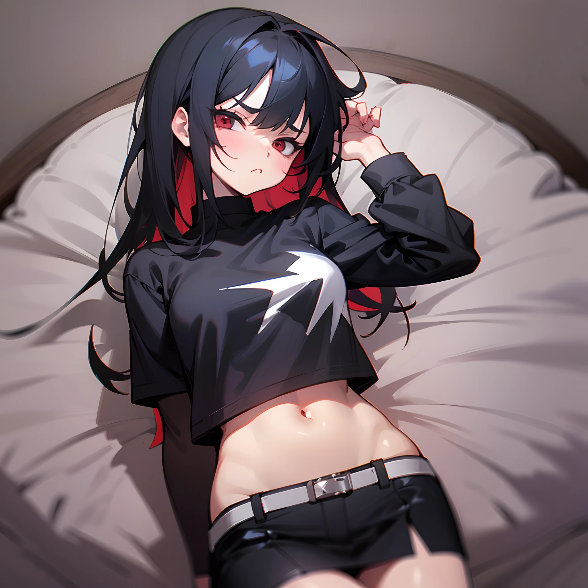 This is a picture of a girl that is mad at the viewer, masterpiece, 8k, top-quality, highres, Extremely detailed, black hair, dark red eyes,black shirt, black miniskirt, sharp eyes, sharp face, tsundere, pouts, very highly detailed bedroom, anime style