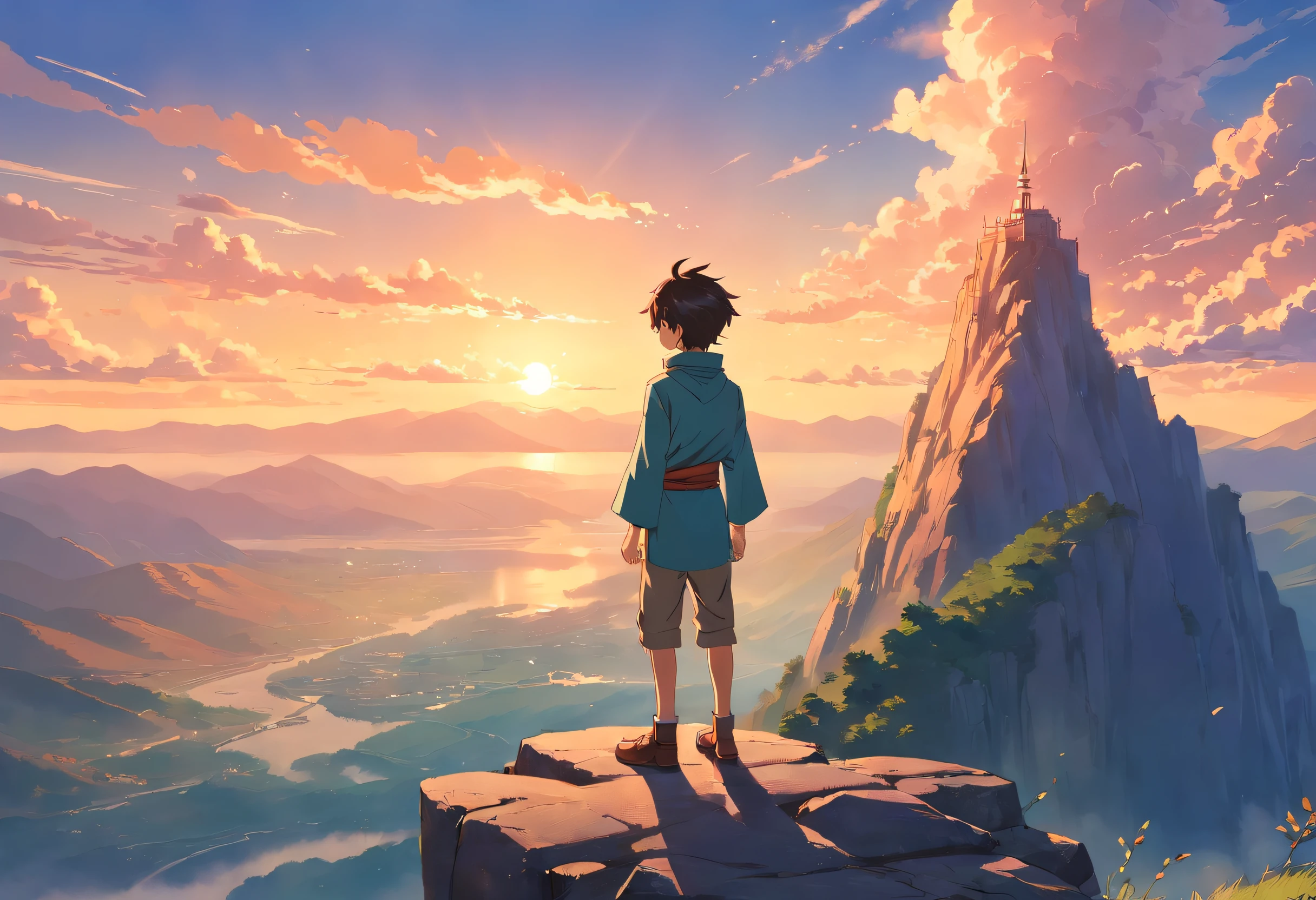grainy, extremely detailed masterpiece, high-quality depiction of a boy standing on a cliff in front of a majestic mountain, sunset clouds, medieval outfit