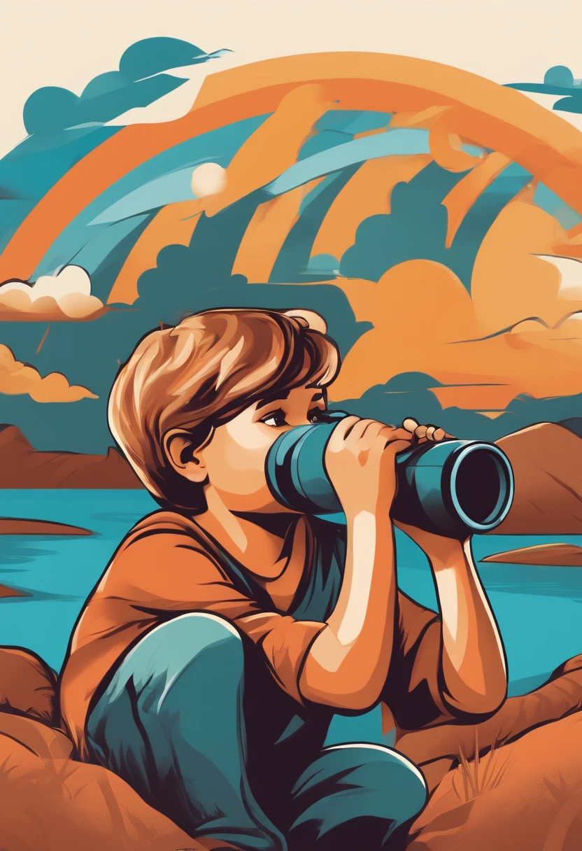 vector art, child using binoculars looking up