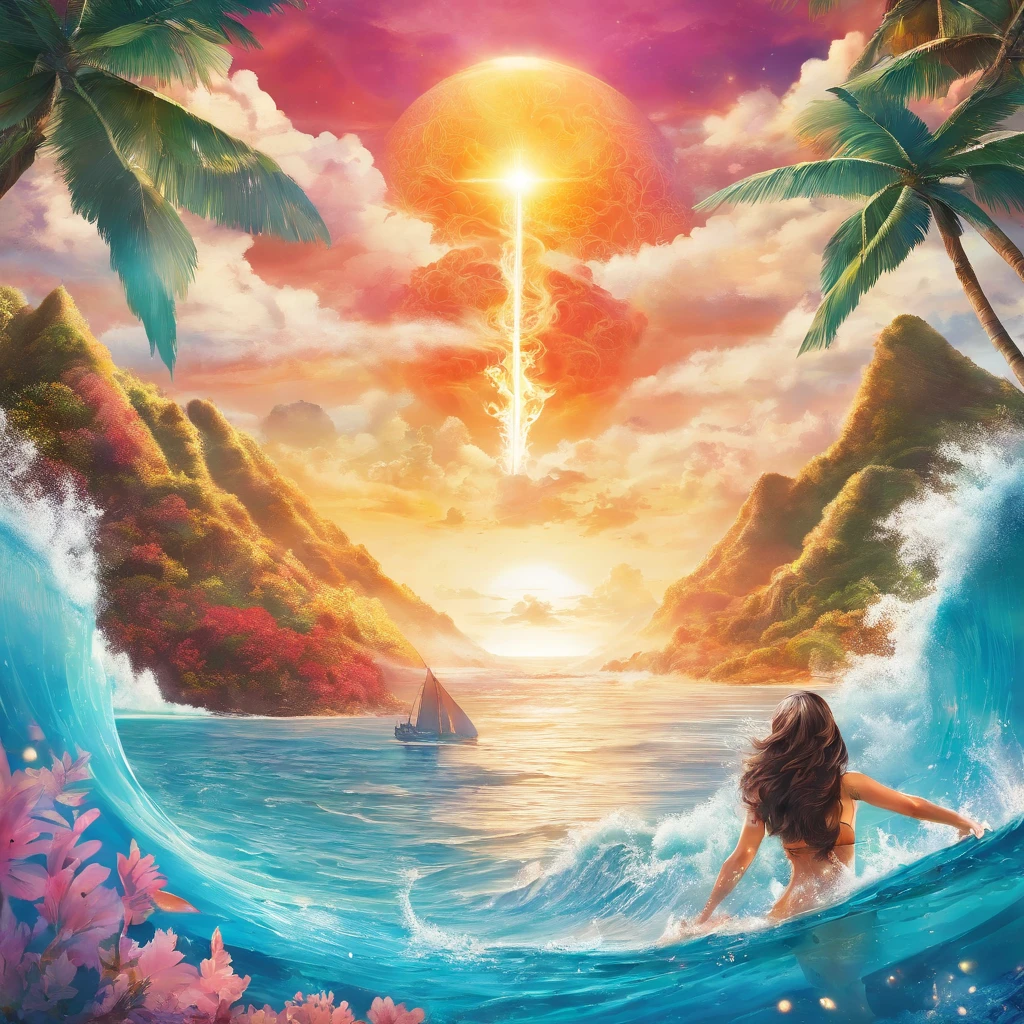 epic movie poster, volcano erupting, award winning (full body:1.3) portrait photo of a (moana:1.2), (seashell bikini:1.2), (water goddess:1.2), tribal tattoos, (wading:1.2) in the pacific (ocean:1.1), arms behind head, (partially submerged shot:1.2), (waves:0.9), desert island background, palm trees, beach,fluffy clouds in the sky, outrun, vaporware, trending on artstation, highly detailed, fine detail, intricate, (lens flare:0.9), (backlighting:0.9), (bloom:0.9), [Style-Micro::10]
