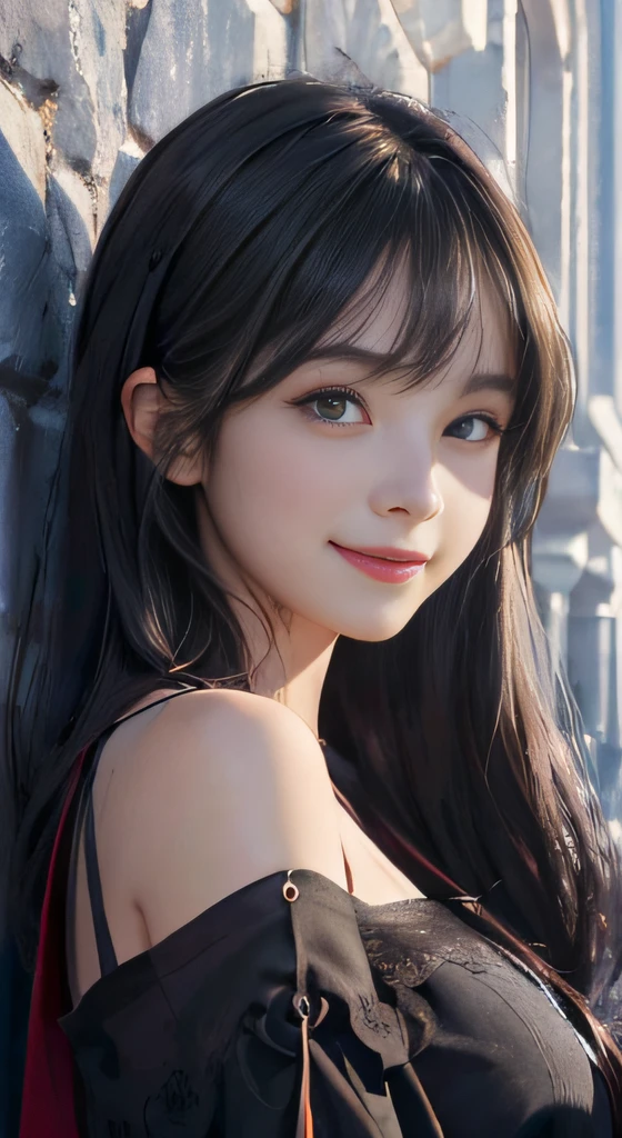 (A hyper-realistic)、(illustratio)、(hight resolution)、(8K)、(ighly detailed)、(Best Illustration)、(beautifully detailed eyes)、(top-quality)、(ultra-detailliert)、(​masterpiece)、(wall-paper）、（A detailed face）、独奏、1 girl in、looking at viewert、fine detailed、A detailed face、in the darkness nigth、deep-shadows、lowkey、pureerosfaceace_v1、A smile、long、Black shawl straight hair、46-point diagonal bangs,　（red silk dress、long  skirt）(off shoulders）View of the castle、、Stand against the wall、Smile full of happiness、Looking at this、
