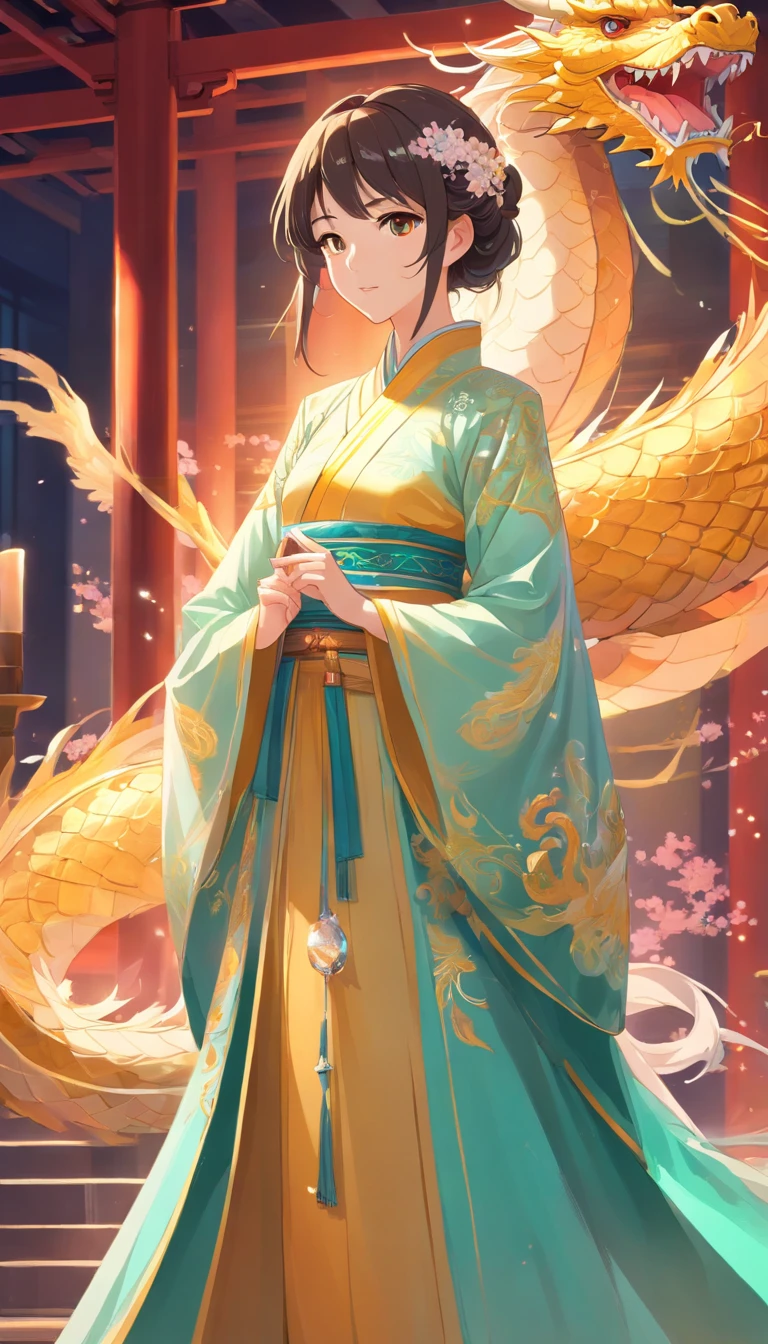 Stunning Chinese Hanfu wedding cape,Embroidered with crystal translucent dragon. The dragon shines like a diamond. The Dragon comes back to life,Drag a two-meter skirt. It's beautiful, noble, golden, Magic, Octane Rendering, Surreal, Bright background