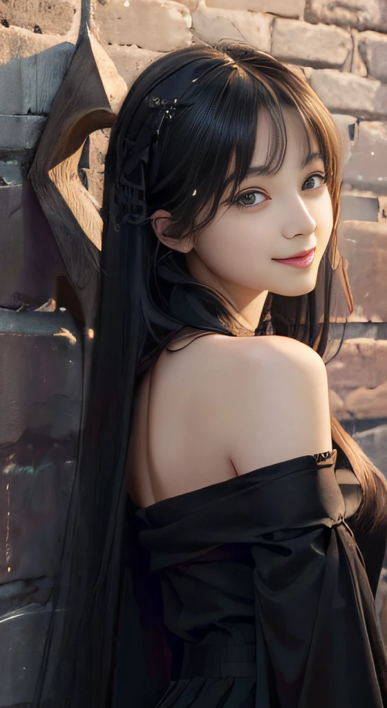 (A hyper-realistic)、(illustratio)、(hight resolution)、(8K)、(ighly detailed)、(Best Illustration)、(beautifully detailed eyes)、(top-quality)、(ultra-detailliert)、(masterpiece)、(wall-paper)、(A detailed face)、独奏、1 girl in、looking at viewert、fine detailed、A detailed face、in the darkness nigth、deep-shadows、lowkey、pureerosfaceace_v1、A smile、long、Black shawl straight hair、46-point diagonal bangs, (red silk dress、long skirt)(off shoulders)View of the castle、、Stand against the wall、Smile full of happiness、Looking at this、