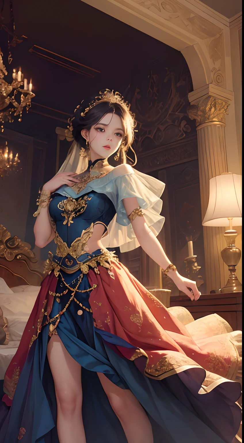 （Masterpiece level，high qulity，real photograph），Complicated details，Fantastical Atmosphere，colorful composition，A pure and beautiful girl，Delicate and detailed face and eyes，Silk tight-fitting skirt，A top with a sense of design，Standing posture，Sexy buttocks，posterior view，bedroom background