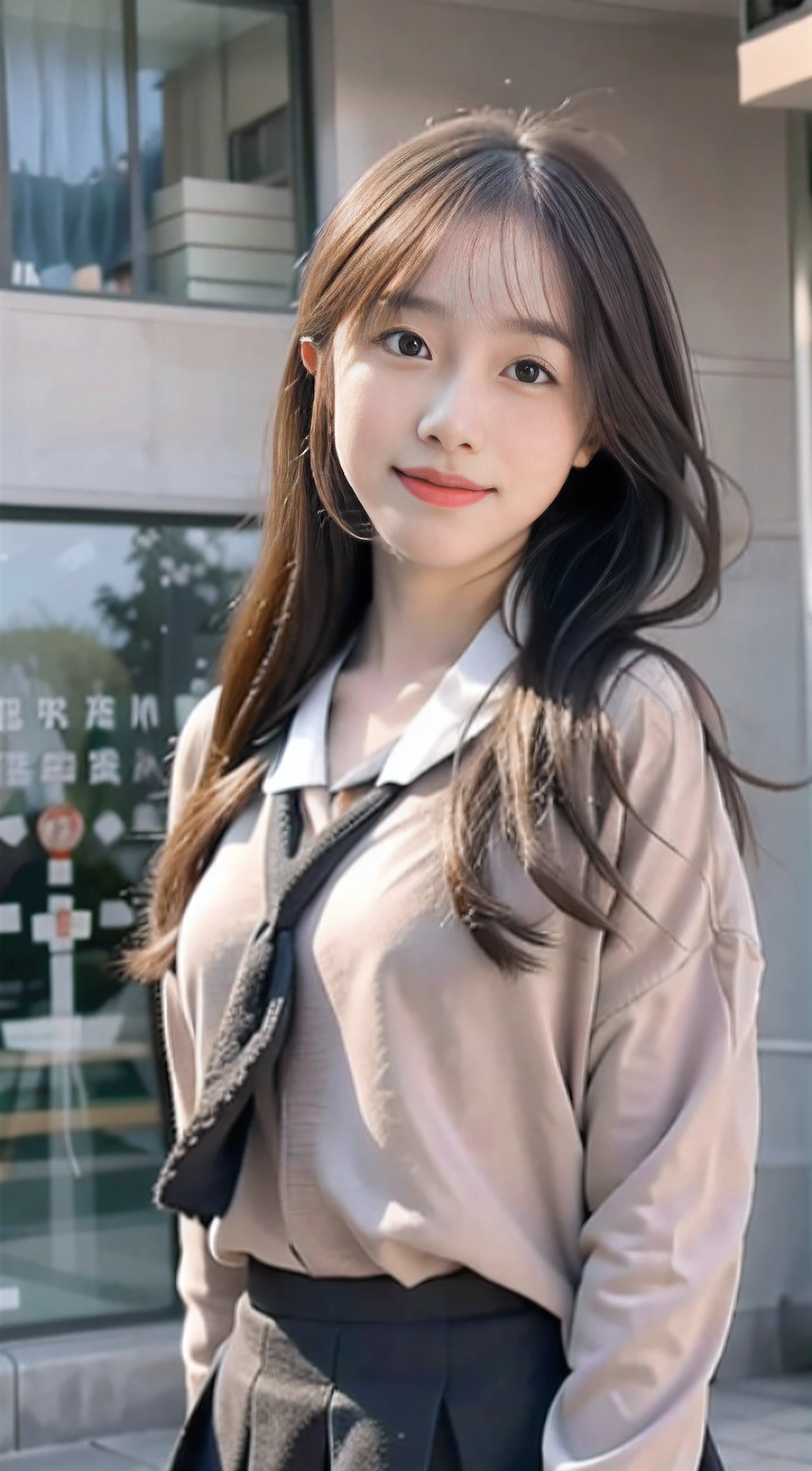 sidewalk, RAW photo, 8K, highest quality, super high resolution, beautiful face details, real human skin, shy expression, front view, angle from below, shawl long hair, realistic, realistic, cute, short skirt, standing deep in the city, cute schoolgirl, japanese schoolgirl uniform, wearing Japanese school uniform, surreal high school girl, full body,