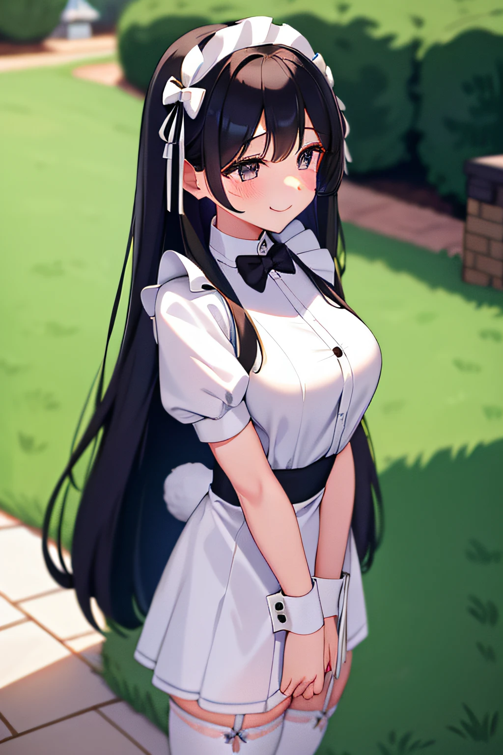 4K,teens girl,cute face,Long black hair,Black eyes,ssmile,mediuml breasts,White skirt,the maid outfit,Little bunny hair ornaments,white stockings,high-heels,full bodyesbian,In the garden,with hands behind her back,The skirt flutters,The edges are illuminated