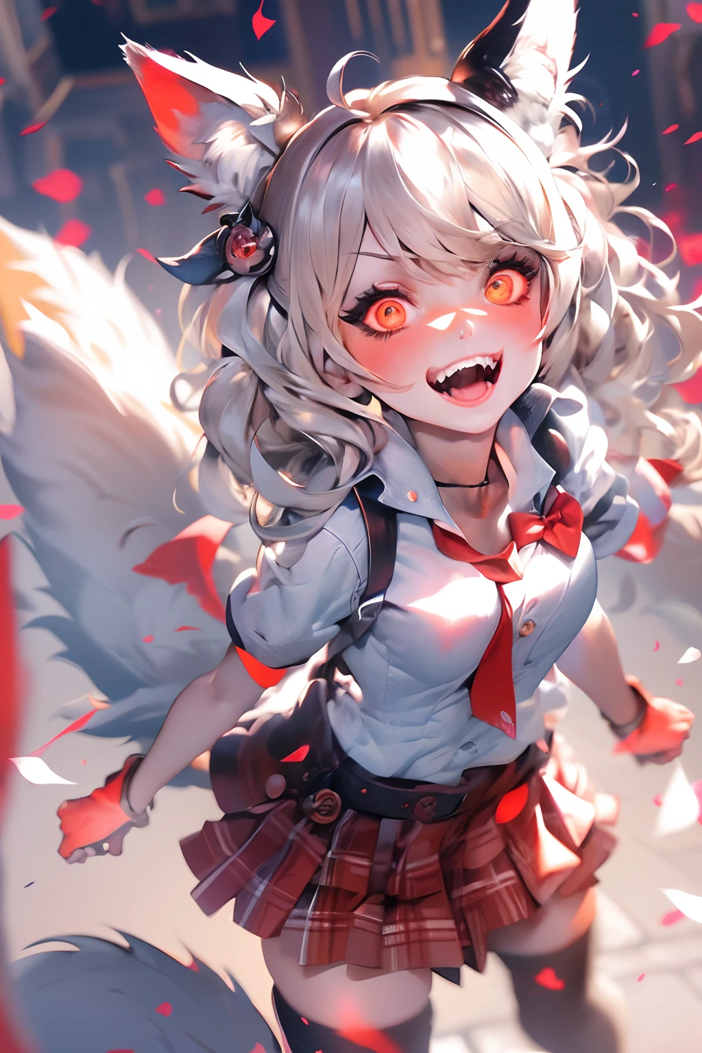 (masterpiece), (best quality), 1girl, perfect body, girl with fox ears, laugh, open mouth, fangs, red glowing eyes, school uniform, sunny day