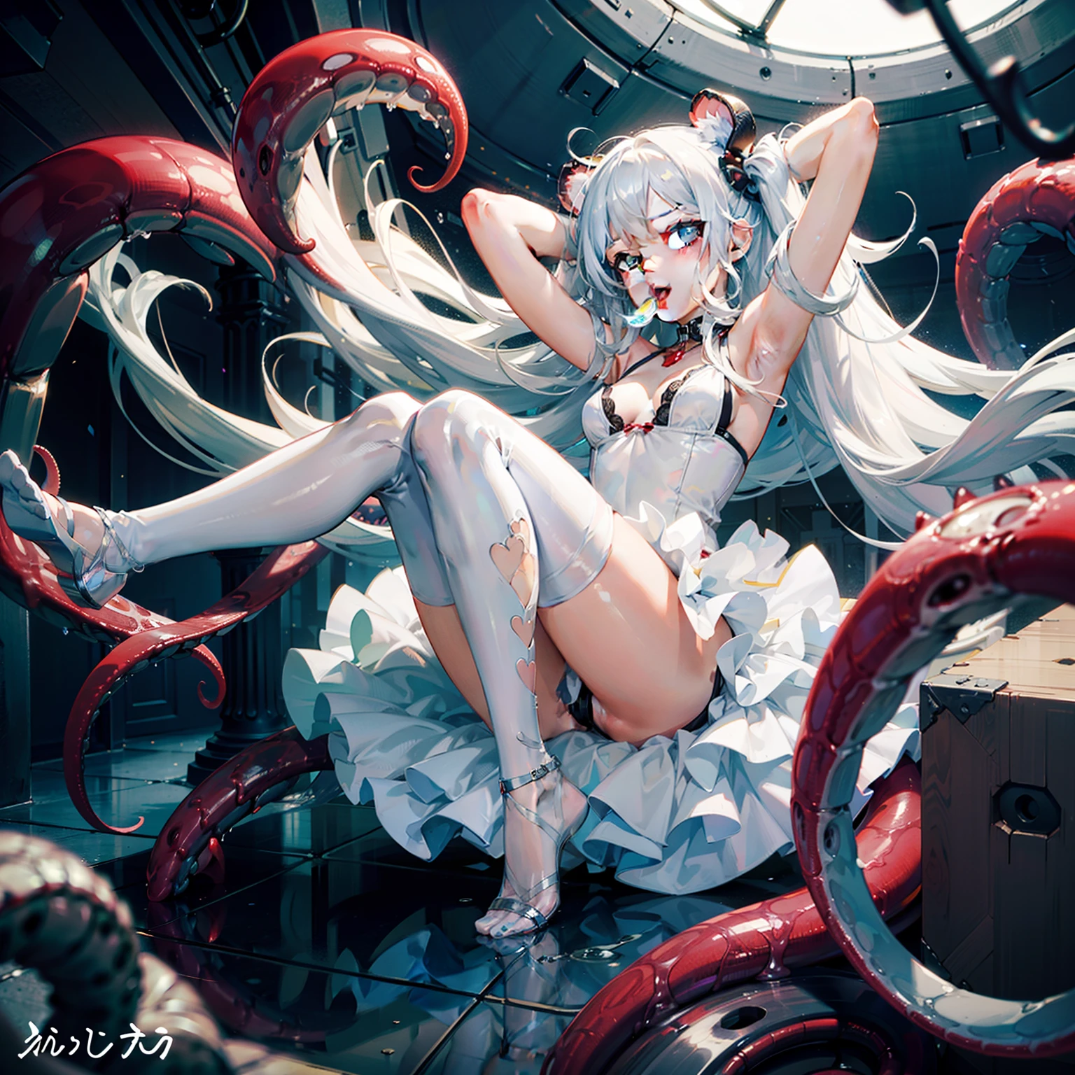 The girl has white hair,The girl wears white stockings on her legs,Girl wearing erotic panties,The cells have four walls,The cells have no windows, The girl can't escape,The girl was in a dimly lit cell,The girl lay on the floor of the cell,There are many tentacles in the cell,A dragon's tail grows from the girl's ass,The girl did not wear shoes,The girl raised her hands above her head and the back of her head, The girl's hands were bound by tentacles,The girl showed her armpits,The girl has white liquid under her armpits,The girl was not wearing any clothes,The girl exposes her sexual organs,Girls wear only underwear and bras,white liquid on your face,The girl had a white liquid in her mouth,There is a white liquid on the body。There is a white liquid next to the girl。The girl wears a pink leather dog collar around her neck,The girl opened her mouth wide,Sticking out his tongue,Completely bare shoulders and abdomen,The girl gasped。Slim legs,delicated face,The girl has white liquid on her face,Small and delicate feet。The thighs and calves are fully presented in front of me,The girl was not wearing shoes on her feet。The girl's thighs were wrapped around tentacles,Tentacles wrapped around the girl's ankles,Tentacles wrapped around the girl's feet,Girl in a place full of tentacles,There was a large amount of white liquid on the floor of this cell,There is a lot of white liquid on the girl。There was a tentacle wrapped around the girl's abdomen,There are tentacles wrapped around the girl's body,The girl is surrounded by many tentacles,Tentacles wrapped around the girl。