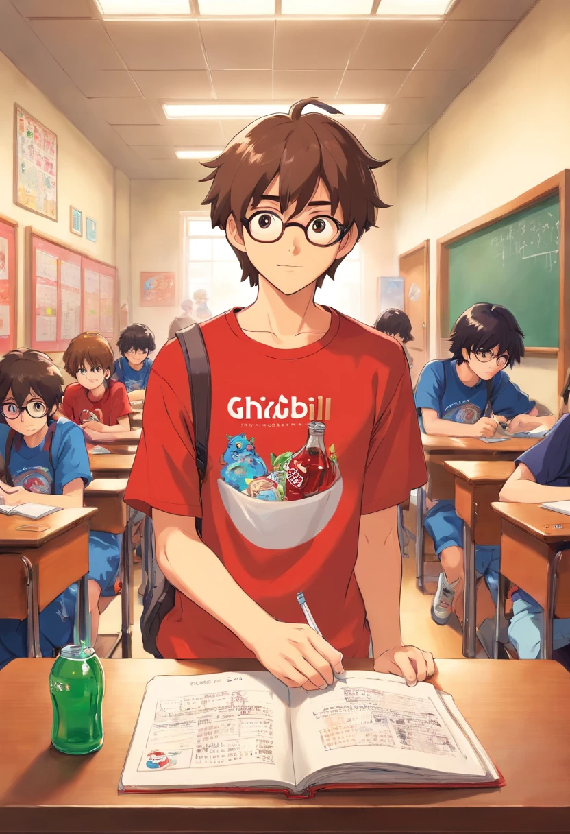 a guy wearing a coke t-shirt in school