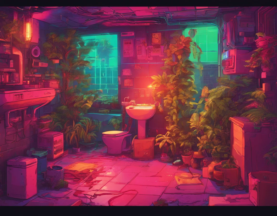 Full of greenery,Girl gargling,toilet bowl,bricks,catss,Extremely colorful,Warm lighting