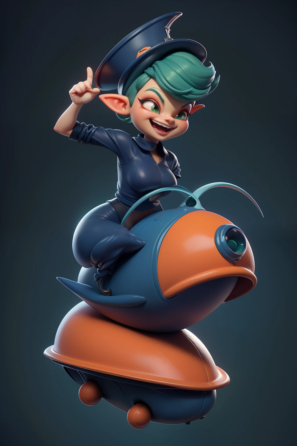 Funny navy blue sexy alien, wearing an orange snail hat on top of his head, green hair, exaggerated laughter, flies riding a mechanism of strange vintage design. Cartoon style. 3D Rendering. Super-realistic, Cinematic, a closeup of a, Composition in the center, Pure black-blue-red background, Best Quality, 4k, details face