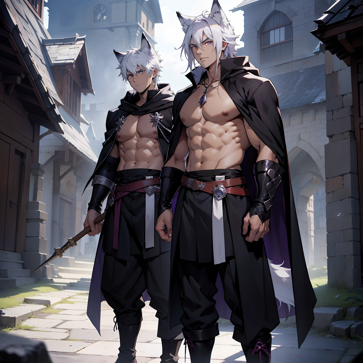 Male, Anime, muscular, abs, pecs, twins, white hair, purple eyes, wolf ears, wolf tail, standing in front of a castle, wearing black cloaks, holding wooden wands