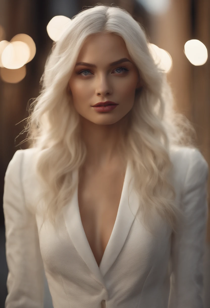 Masterpiece, Highest quality, (solofocus), (Perfect face:1.1), (High detail:1.1),Dramatic, 1人, (Pale skin), Long white hair, White eyes, [Light eyebrows], Solo, Long hair, Moon, Night, white luxury suit, covered navel, pouty lips, Covered, Futuristic city, Detailed background, Art by Artgerm and Greg Rutkowski, Cinematic lighting, rosette, Fashion, BalenciagaStyle