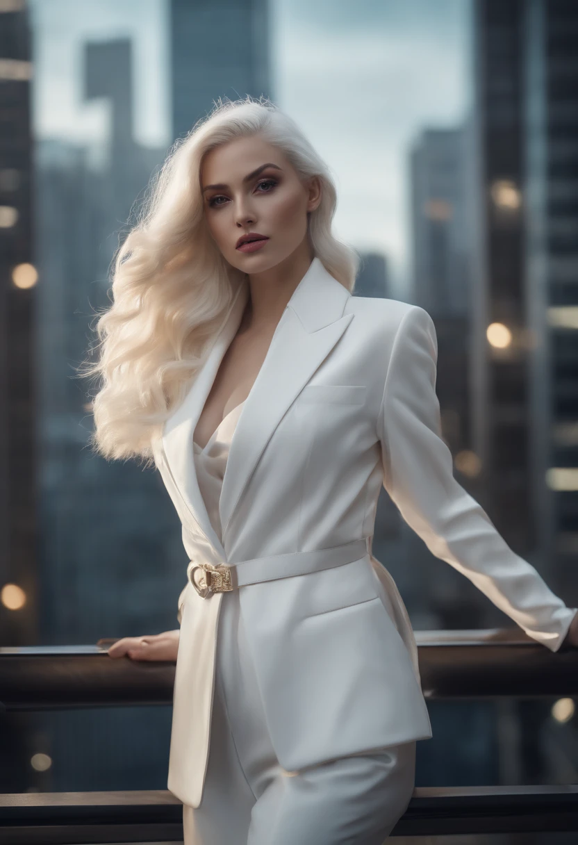 Masterpiece, Highest quality, (solofocus), (Perfect face:1.1), (High detail:1.1),Dramatic, 1人, (Pale skin), Long white hair, White eyes, [Light eyebrows], Solo, Long hair, Moon, Night, white luxury suit, covered navel, pouty lips, Covered, Futuristic city, Detailed background, Art by Artgerm and Greg Rutkowski, Cinematic lighting, rosette, Fashion, BalenciagaStyle