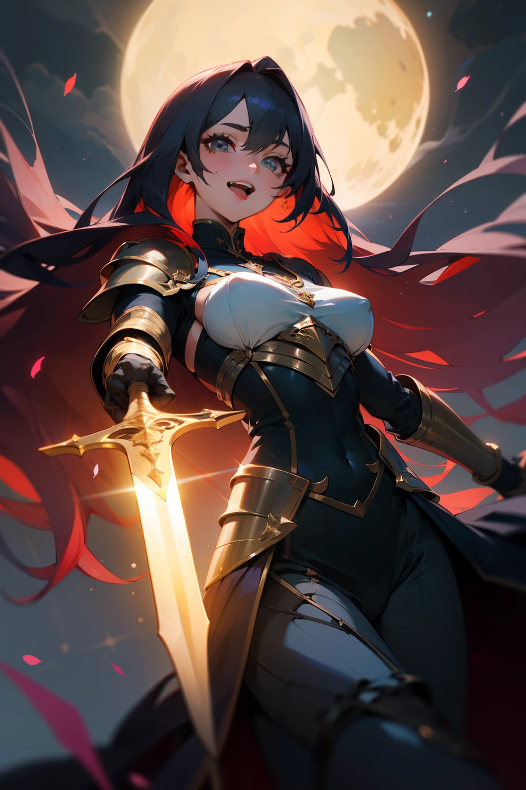 realistic lighting，top Quority，8k resolution，tmasterpiece：1.3，sharp focus：1.2，1个Girl breasts，looking at viewer, smiling, open mouth, teeth showing，double eyelid，big eyes，sexy expression，Perfect anatomical physique，Woman beautiful with perfect figure：1.6，Chest 1.7，long hair, colored hair, dyed nape，chest：1.8，armor, gold details，Long knives，magic，outdoor，nighttime：1.1，1080P，hyper HD，texture of background scenery, background scenery, magic world, fantasy world，Super Detail，Best Quality，Highest Detail，High Quality
