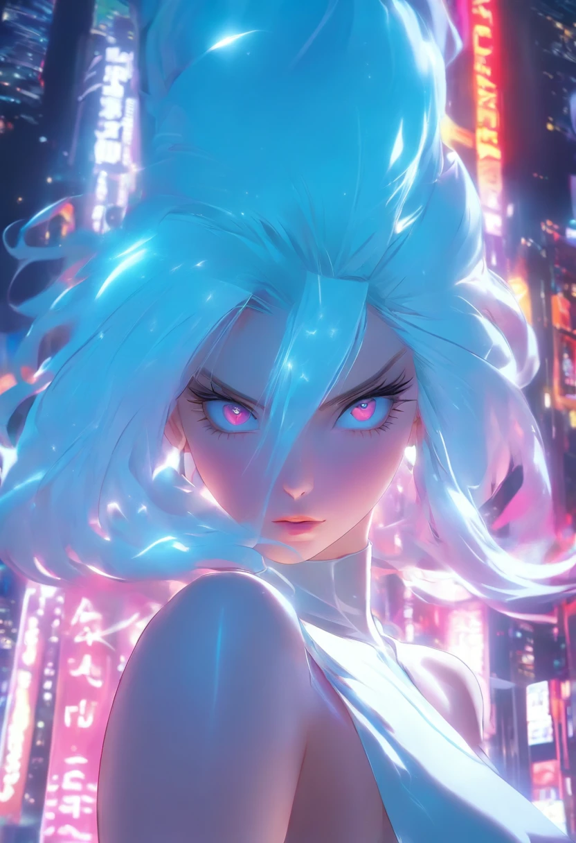 Masterpiece, Highest quality, (solofocus), (Perfect face:1.1), (High detail:1.1),Dramatic, 1人, (Pale skin), Long white hair, White eyes, [Light eyebrows], Solo, Long hair, Moon, Night, white luxury suit, covered navel, pouty lips, Covered, Futuristic city, Detailed background, Art by Artgerm and Greg Rutkowski, Cinematic lighting, rosette, Fashion, BalenciagaStyle