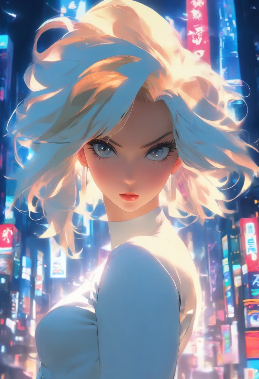 Masterpiece, Highest quality, (solofocus), (Perfect face:1.1), (High detail:1.1),Dramatic, 1人, (Pale skin), Long white hair, White eyes, [Light eyebrows], Solo, Long hair, Moon, Night, white luxury suit, covered navel, pouty lips, Covered, Futuristic city, Detailed background, Art by Artgerm and Greg Rutkowski, Cinematic lighting, rosette, Fashion, BalenciagaStyle