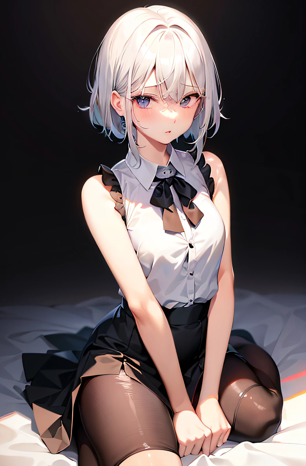 best qualtiy,超高分辨率,1girl,sleeveless white button shirt,a black skirt,Black collar,adolable,(Platinum blonde hair:1),((puffy eye)),It looks like in front of the audience,full bodyesbian,1boy,doing sex