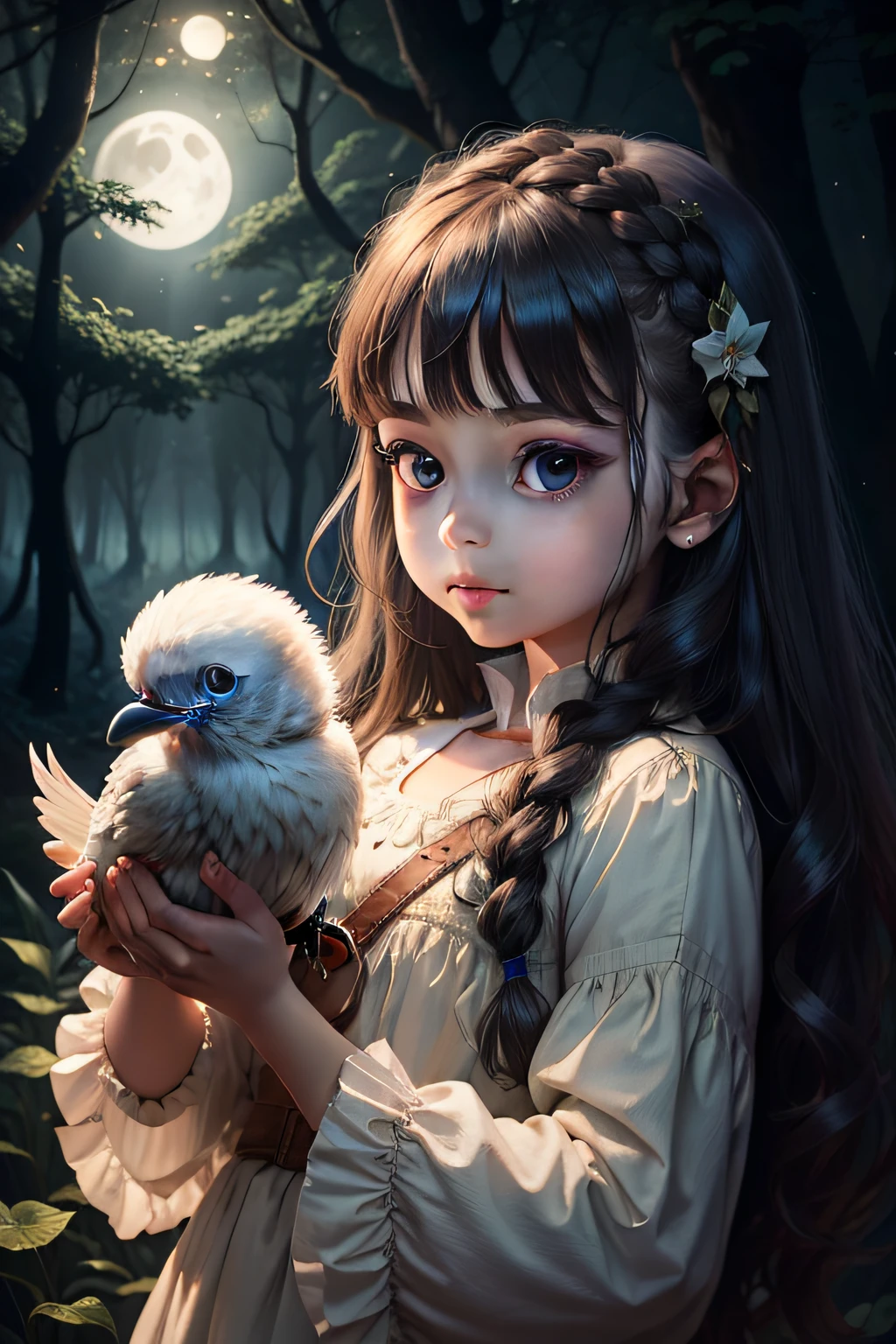 a beautiful child in a moonlight forest, holding a bird in her hand, with the moon in her eyes