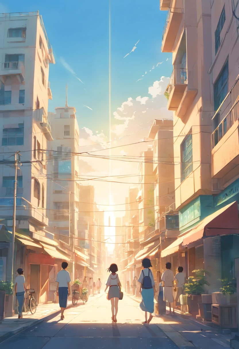 People stand outside the building，The background is sunset, watching the sunset. anime big breast, opening scene, 3 d render and matte painting, Sunset!!!, With sunset, Sunset atmosphere, golden hour scene, warm sundown, realistic matte painting, Lens flare. occult photorealism, Sunset!, optimistic matte painting, golden hour cinematic