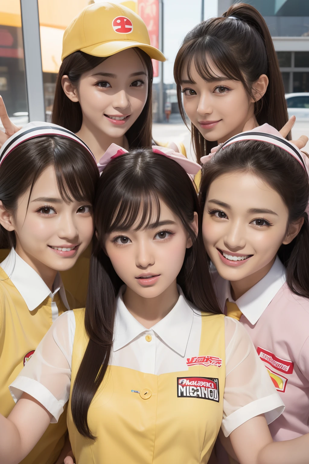 Outrageous resolution、hight resolution、(masterpiece:1.4)、ultra-detailliert、Crisp details、Dramatic and photorealistic pictorial art、Super Sentai Series、Everyone is wearing a fast food restaurant uniform(shuicolor、Light Yellow、white colors、Beige、pink there、Fivesome)Everyone smiles、