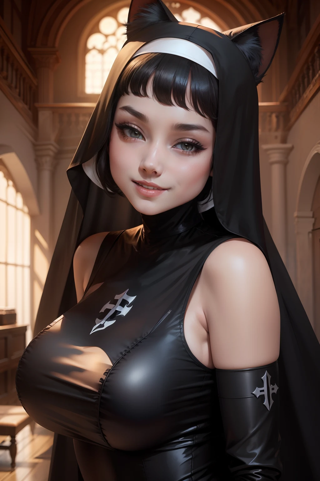 lewd nun,Seductive smile,,blacksilk,cat ear,Children,