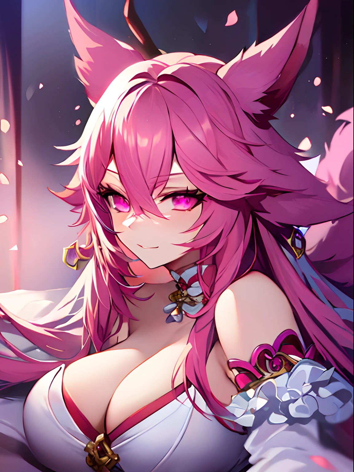 Top Quality, Beauty and Aesthetics, Very Detailed, Detailed Face and Eyes,anime, 1 Girl, Fox Ears, large Tits, Tail,fox girl,longhair,hair color pink,pink eyes, white fantasy dress,laying in a bed