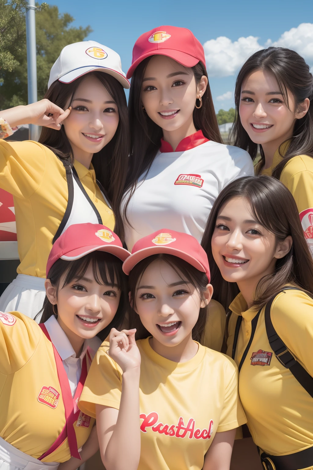 Outrageous resolution、hight resolution、(masterpiece:1.4)、ultra-detailliert、Crisp details、Dramatic and photorealistic pictorial art、Super Sentai Series、Everyone is wearing a fast food restaurant uniform(shuicolor、Light Yellow、white colors、Beige、pink there、Fivesome)Everyone smiles、