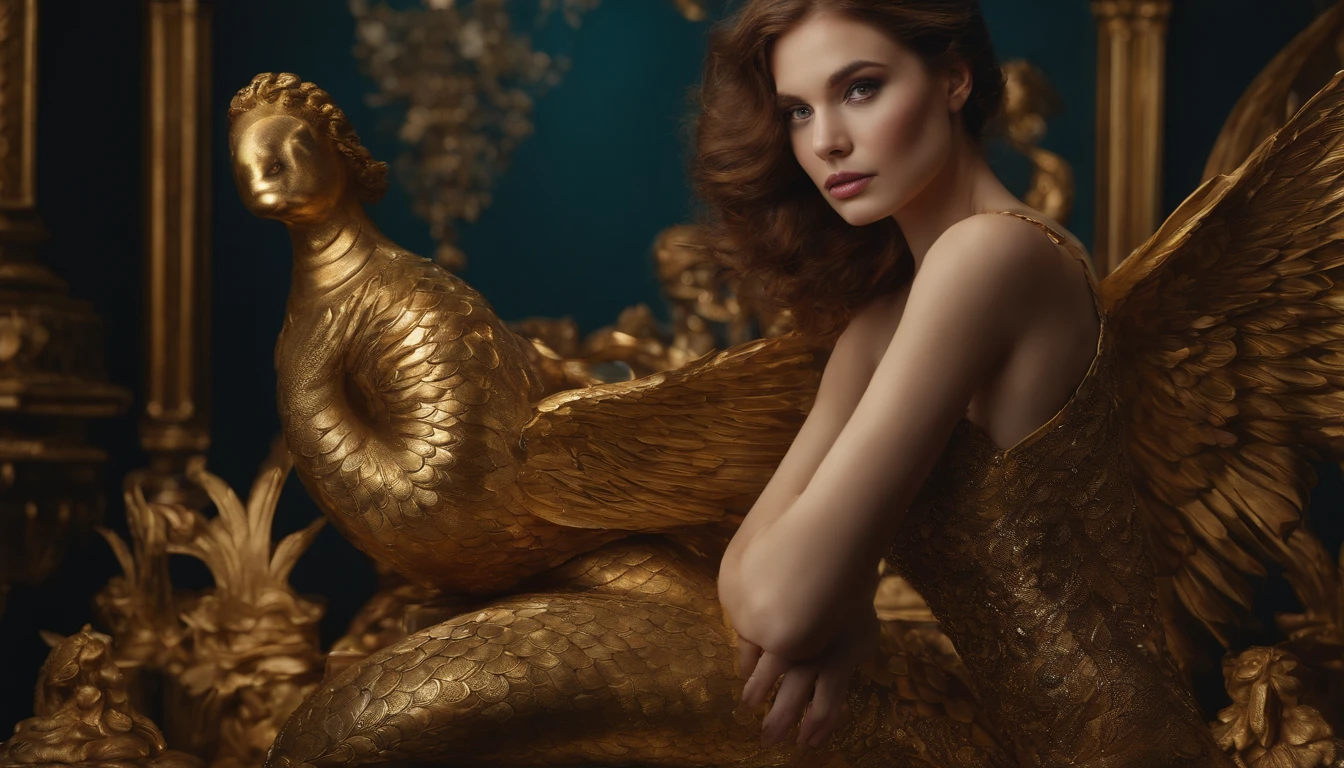 a woman posing for a magazine in gold with elaborate mermaid sculpture, in the style of life-like avian illustrations, 32k uhd, tattoo, dark and intricate, angelcore, elaborate detail