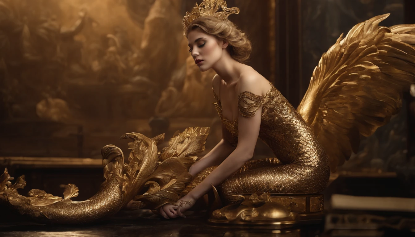 a woman posing for a magazine in gold with elaborate mermaid sculpture, in the style of life-like avian illustrations, 32k uhd, tattoo, dark and intricate, angelcore, elaborate detail