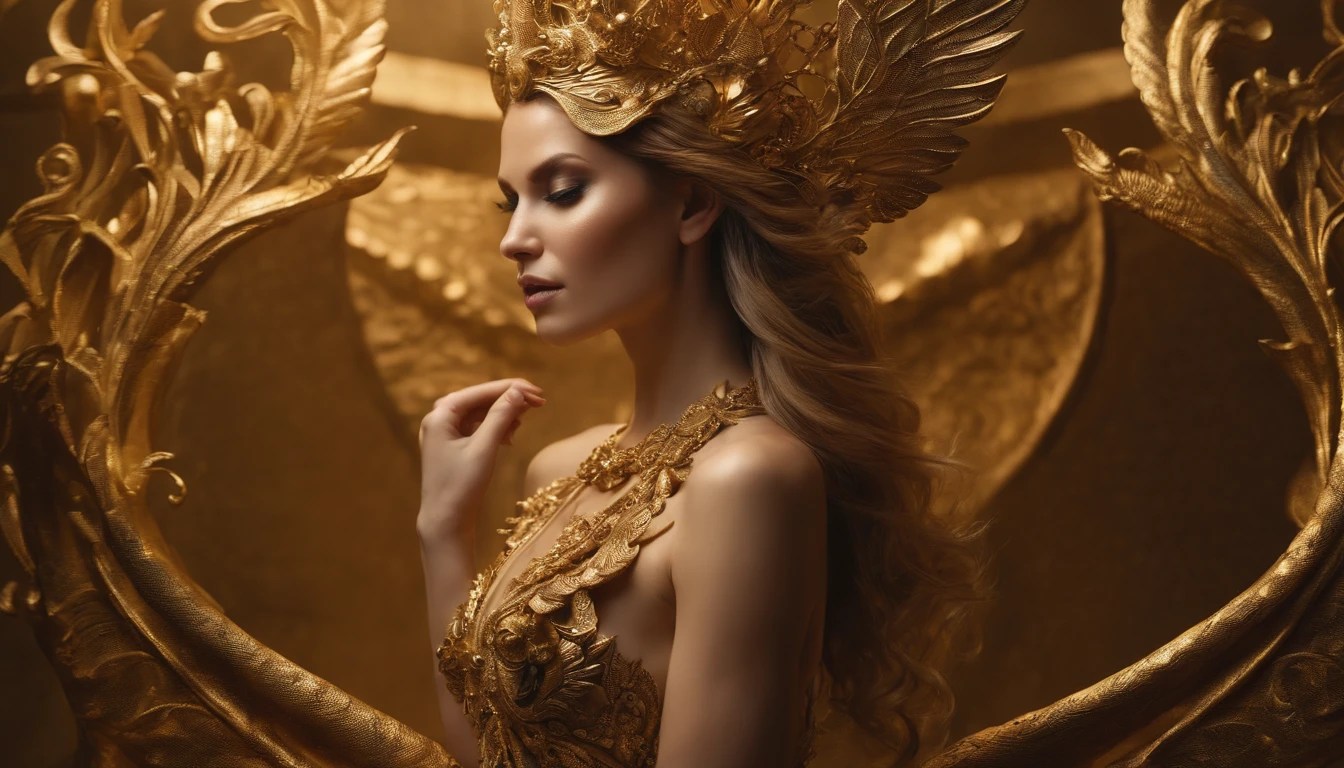 a woman posing for a magazine in gold with elaborate mermaid sculpture, in the style of life-like avian illustrations, 32k uhd, tattoo, dark and intricate, angelcore, elaborate detail