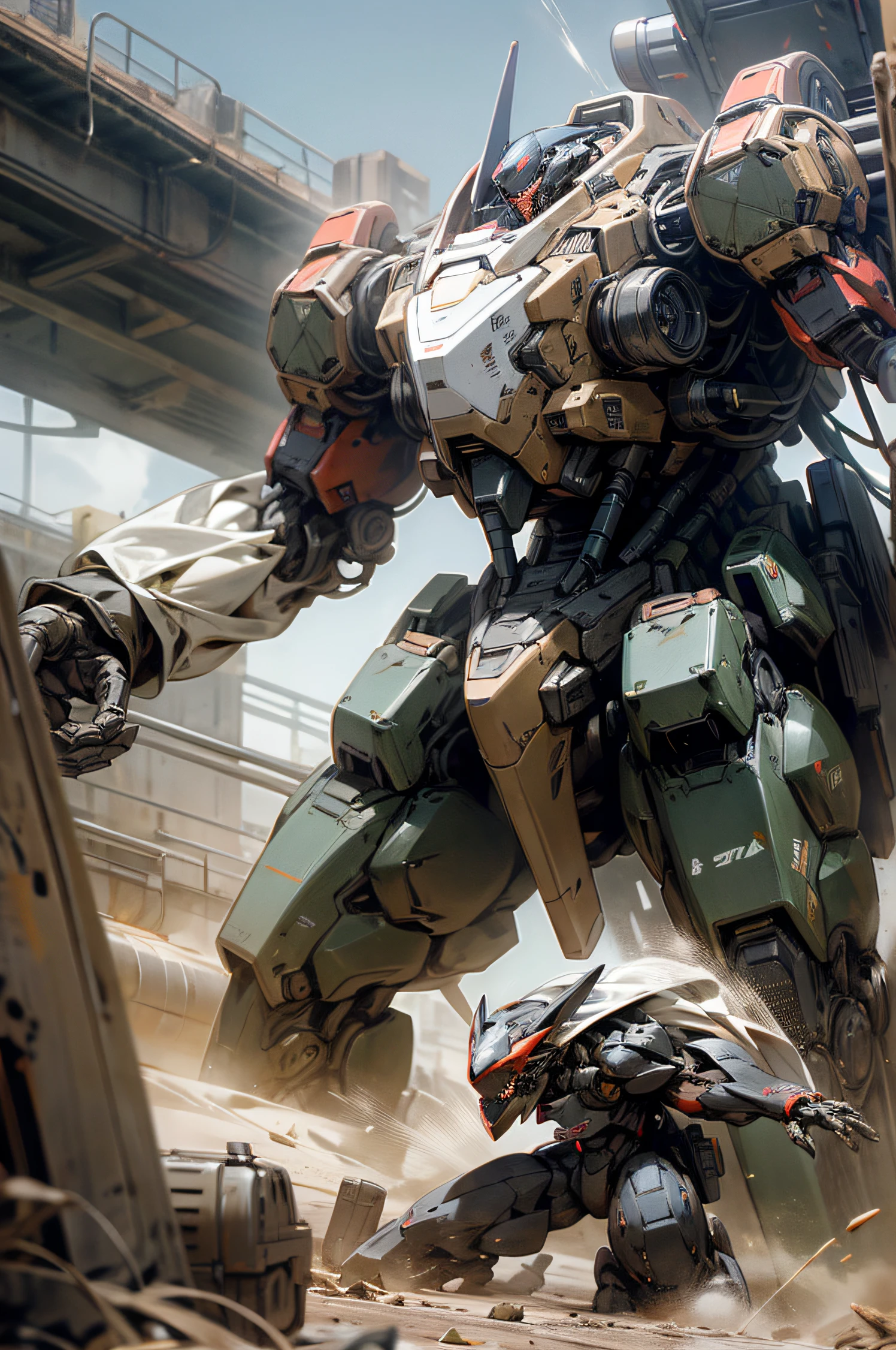 mecha, centaur-like, weapons, high tech, patlabor, desert, fighting, shooting, monsters, absurdres, high res, ultrasharp, 8k, masterpiece