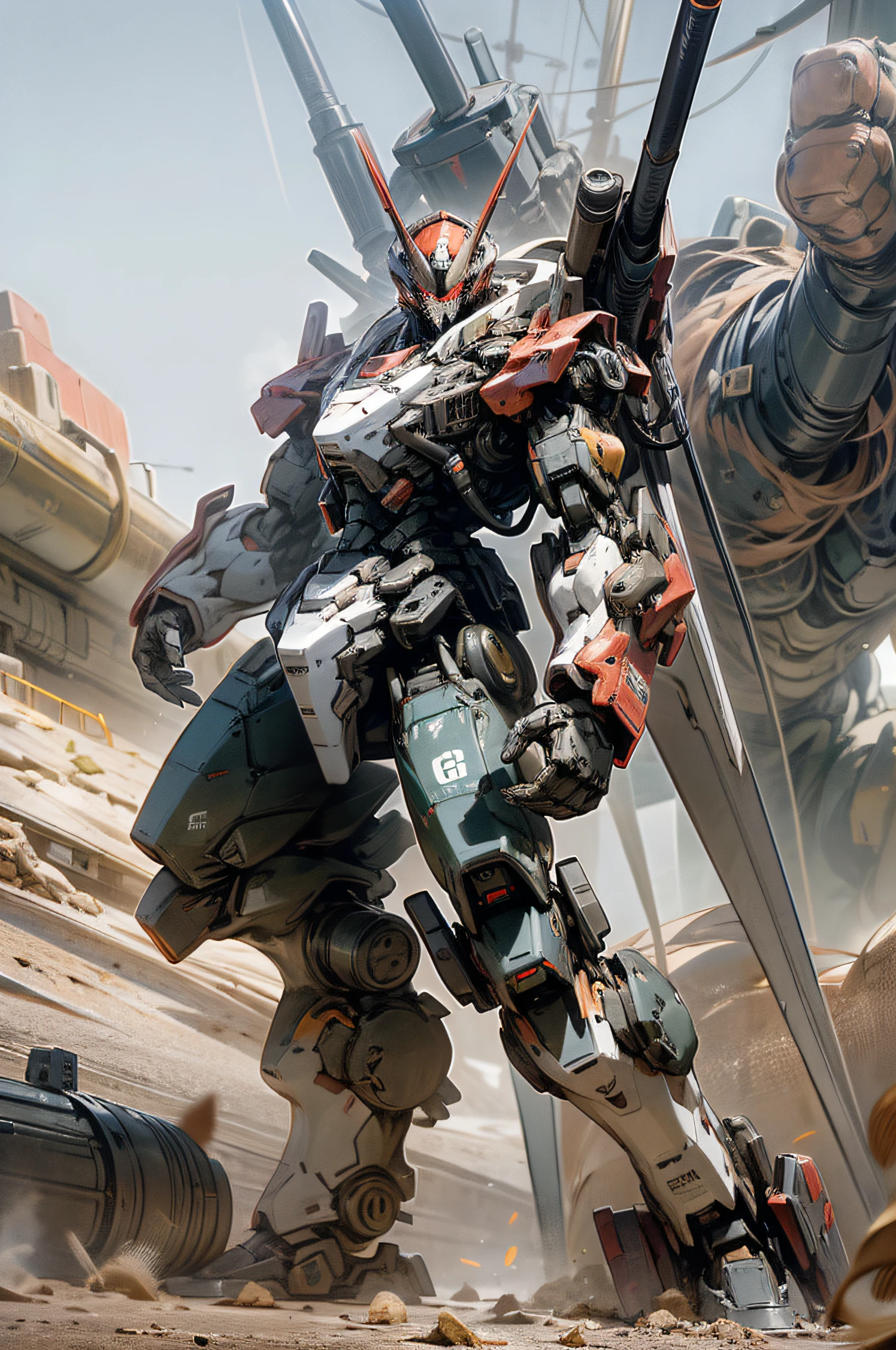 mecha, quadrupedal, gunmetal, high tech, patlabor, desert, fighting, shooting, monsters, absurdres, high res, ultrasharp, 8k, masterpiece