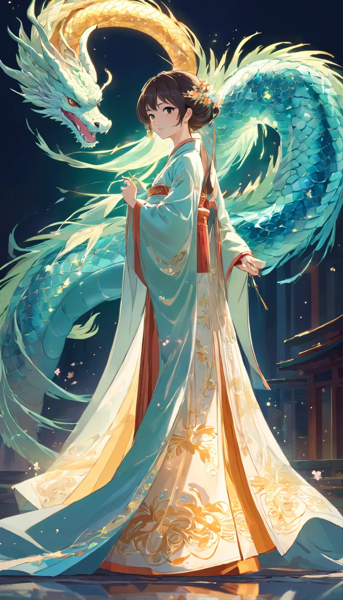 Stunning Chinese Hanfu wedding cape,Embroidered with crystal translucent dragon. The dragon shines like a diamond. The Dragon comes back to life,Drag a two-meter skirt. It's beautiful, noble, golden, Magic, Octane Rendering, Surreal, Bright background