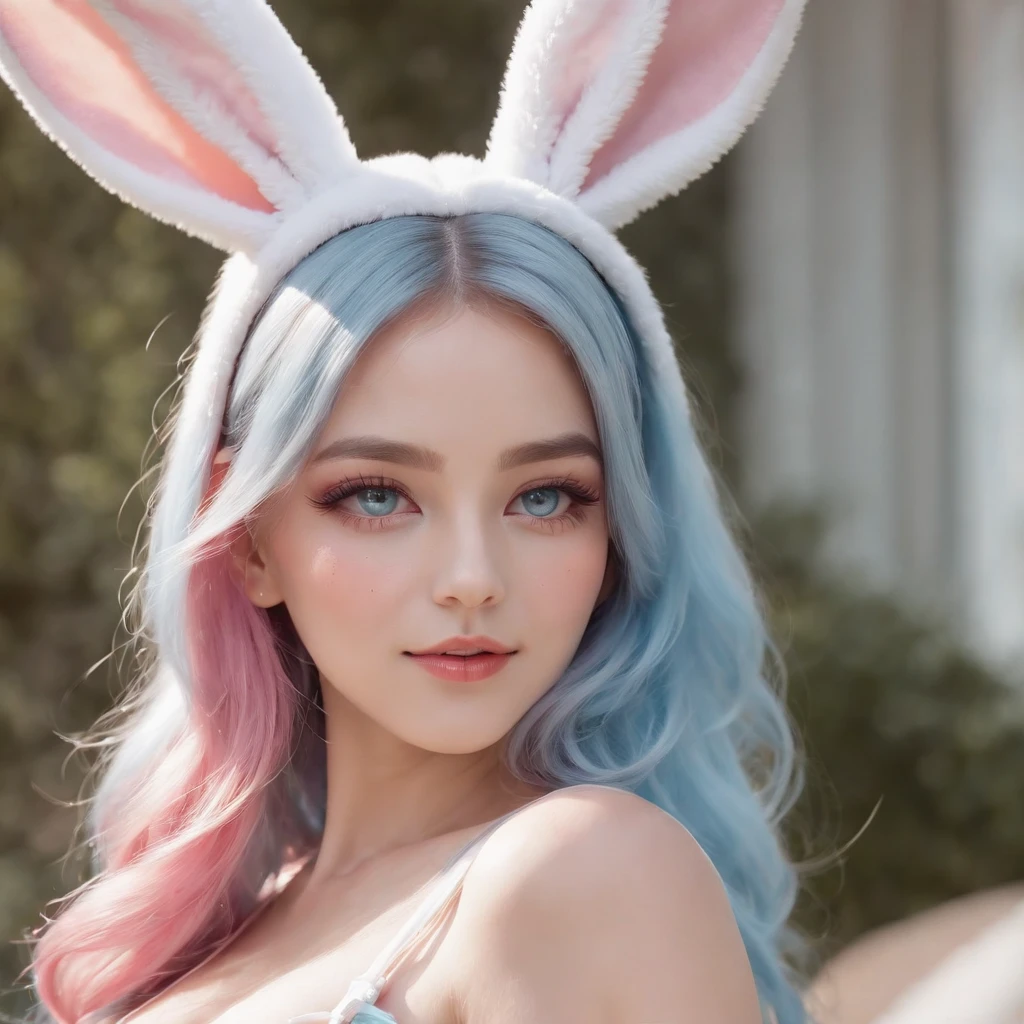 (Best quality:1.3),4K,8K,8K portrait,16 k,(masutepiece:1.2),1girl in,Solo,(Maximalism:1.5),opals,ultra - detailed,absurderes,(Very detailed beautiful face and eyes:1.3), (Beautiful hair in high detail:1.3),Delicate composition, (full bodyesbian:1.5),(full-length figure:1.5), Super cute girl,(Medium hair:1.4),Pink eyes,Light blue eyes,(Pink hair:1.2),(Light blue hair:1.4),(a playboy bunny:1.6),(Jewelry hair accessories:1.3), (jewelry eyes:1.3),(eyeslashes:1.2),(symbol in eyes:1.3),(A high resolution, Twinkle,glitters,Lens flare,light particules,Shining:1.3),(Cute:1.5)