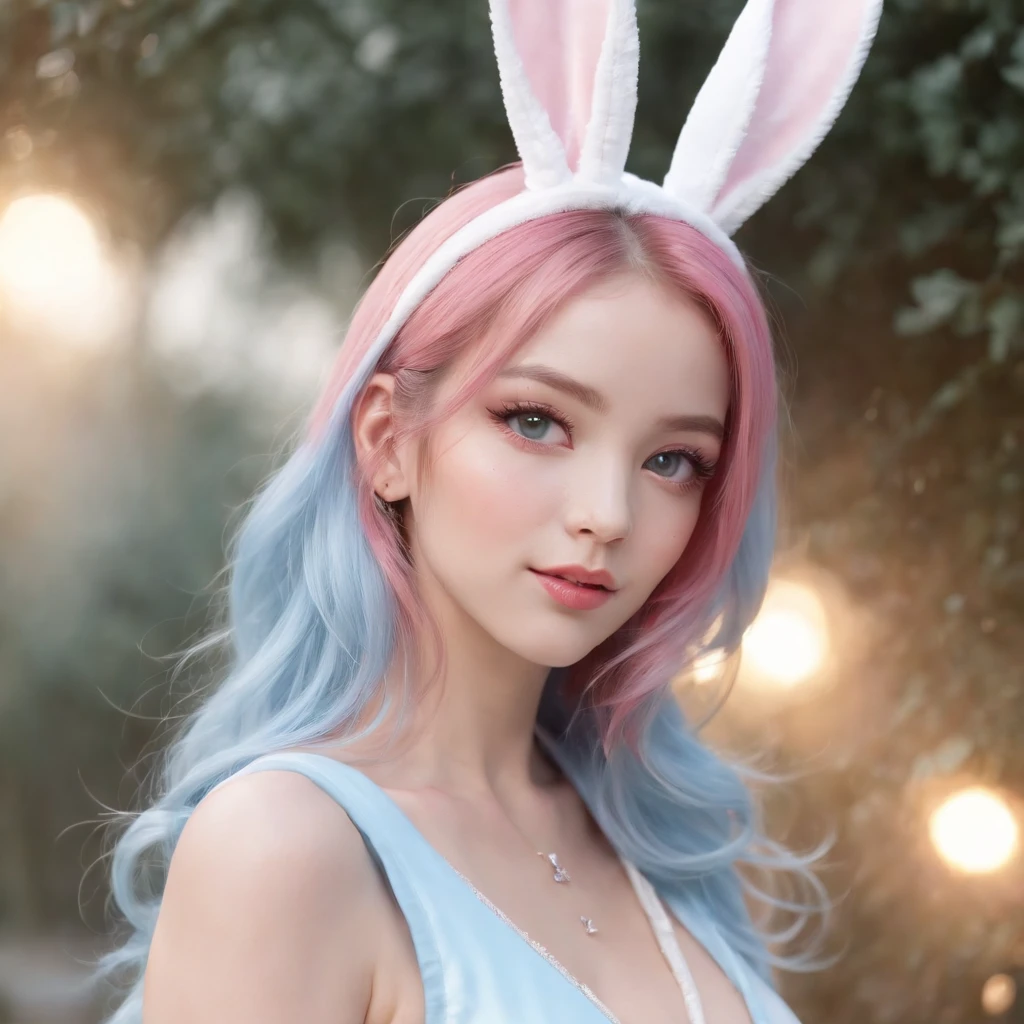 (Best quality:1.3),4K,8K,8K portrait,16 k,(masutepiece:1.2),1girl in,Solo,(Maximalism:1.5),opals,ultra - detailed,absurderes,(Very detailed beautiful face and eyes:1.3), (Beautiful hair in high detail:1.3),Delicate composition, (full bodyesbian:1.5),(full-length figure:1.5), Super cute girl,(Medium hair:1.4),Pink eyes,Light blue eyes,(Pink hair:1.2),(Light blue hair:1.4),(a playboy bunny:1.6),(Jewelry hair accessories:1.3), (jewelry eyes:1.3),(eyeslashes:1.2),(symbol in eyes:1.3),(A high resolution, Twinkle,glitters,Lens flare,light particules,Shining:1.3),(Cute:1.5)