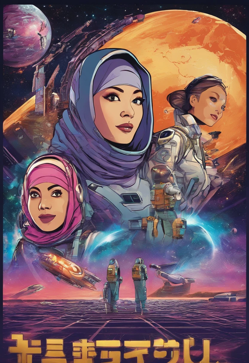 Design a hilarious movie poster featuring the three malay female in hijab as a main characters of our comedy film. Show them caught in a comical situation, with exaggerated facial expressions and props that reflect their distinct personalities. Add a touch of whimsy and fun to the poster to convey the lighthearted spirit of the movie