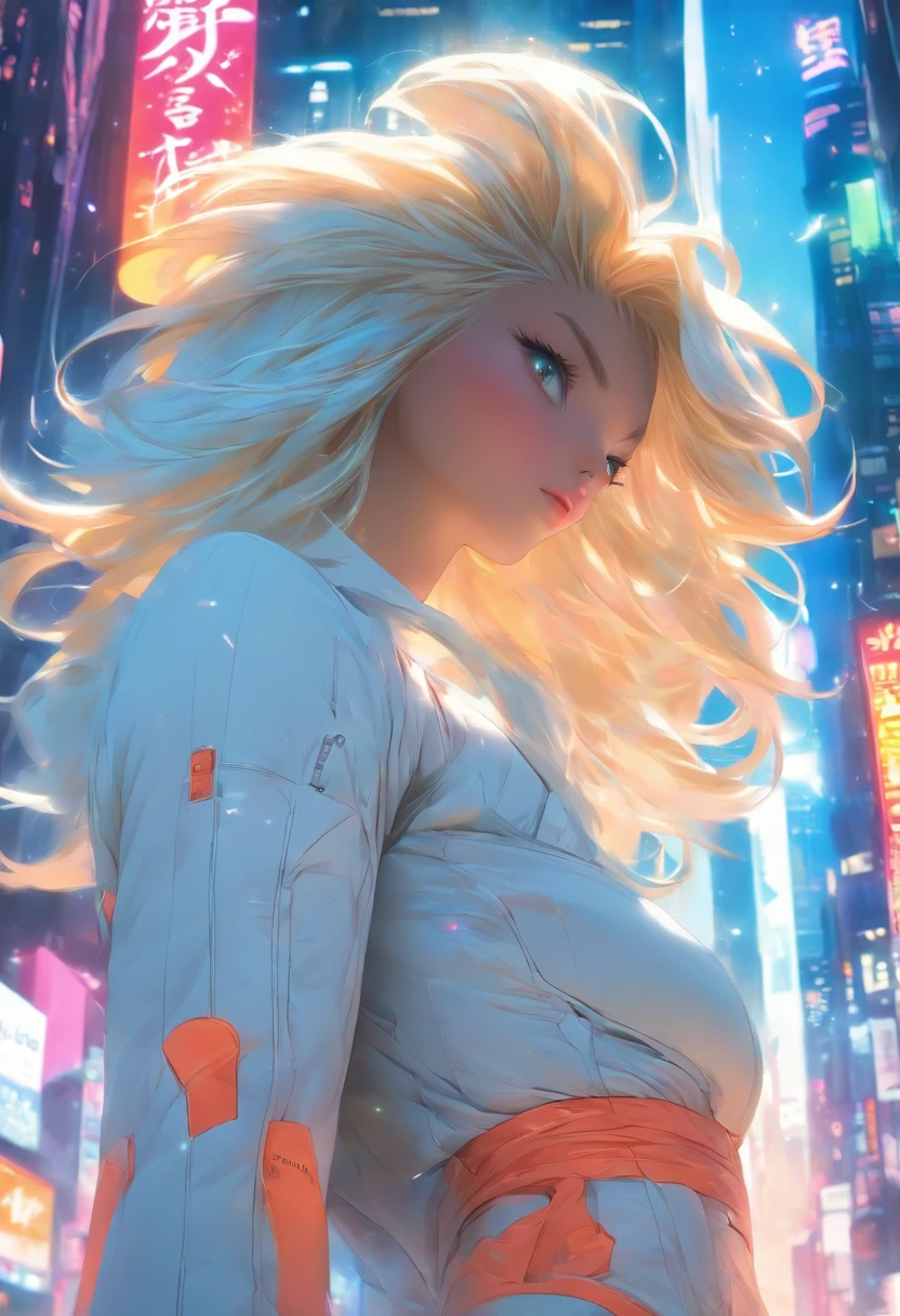 Masterpiece, Highest quality, (solofocus), (Perfect face:1.1),（Full body like：1.5）， (High detail:1.1),Dramatic, 1人, (Pale skin), Long white hair, White eyes, [Light eyebrows], Solo, Long hair, Moon, Night, white luxury suit, covered navel, pouty lips, Covered, Futuristic city, Detailed background, Art by Artgerm and Greg Rutkowski, Cinematic lighting, rosette, Fashion, BalenciagaStyle