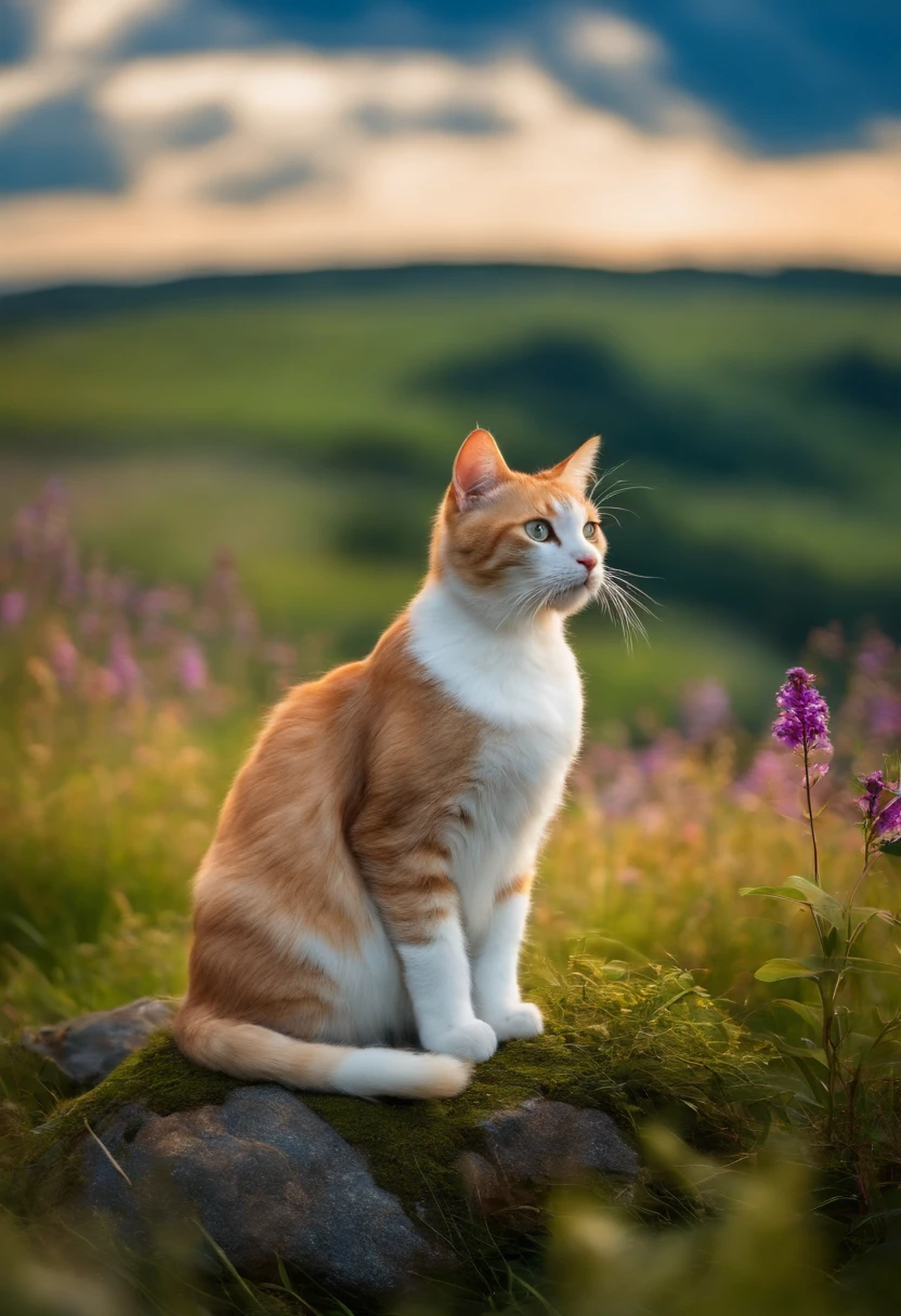 cute cat, sitting on a rock, meadow, clouds, blue sky