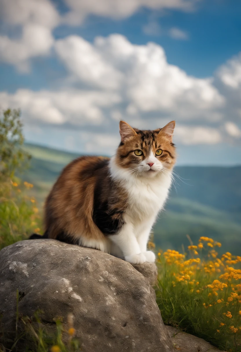 cute cat, sitting on a rock, meadow, clouds, blue sky