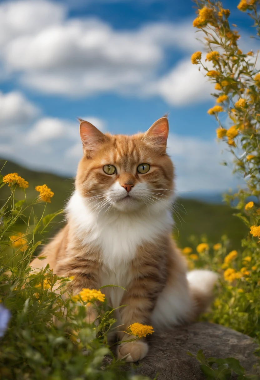 cute cat, sitting on a rock, meadow, clouds, blue sky