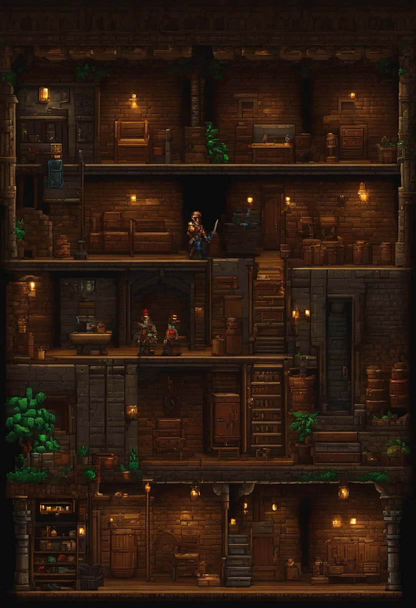 8-bit pixel art, classic dungeon crawler, with traps, monsters, and treasure chests, style of Metal Slug 1996
