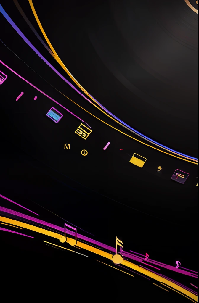 a black background with a music note on it,logo art, , tee shirt graphic, multicolored art, graphic musicality, . blender art, silk screen 4k, gold black and rainbow colors. minimalistic background. high quality logo. vinyl. and music note in the center